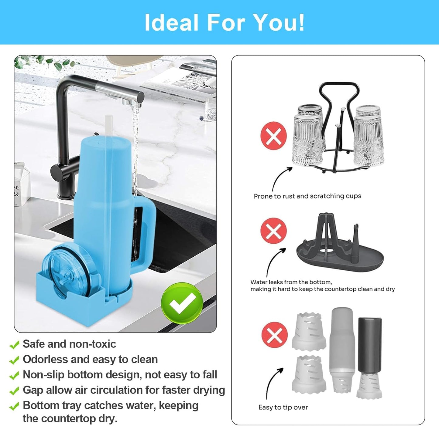 Water Bottle Drying Rack, Silicone Tumbler Drying Rack, Baby Bottle Dryer Holder, Cup Dryer for Stanley 20/30/40 oz, Mugs, Glasses