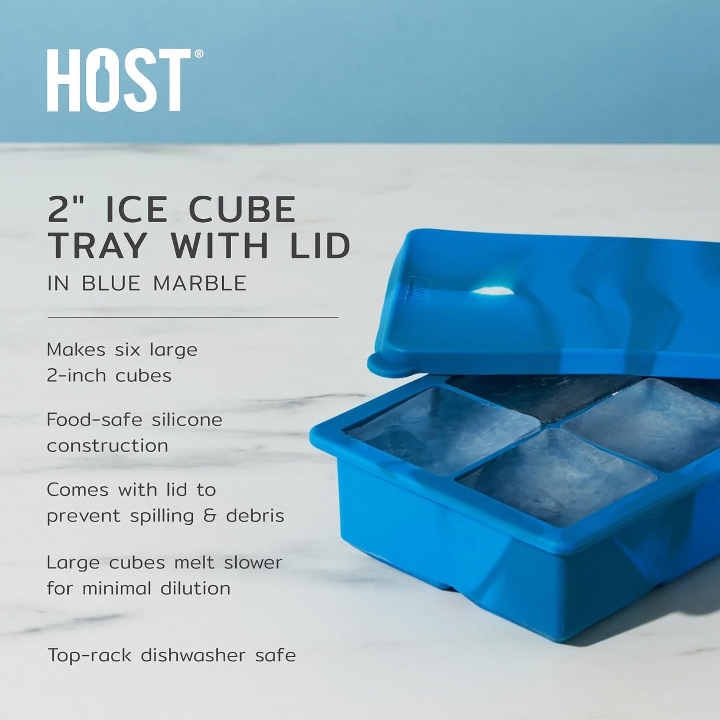 Host Ice Cube Tray, Makes Four 5-Inch Long Cubes, Durable Silicone Trays with Easy Release Design, Perfect for Water Bottles and Highball Glasses, Home Bar Accessories, Set of 1, Marble