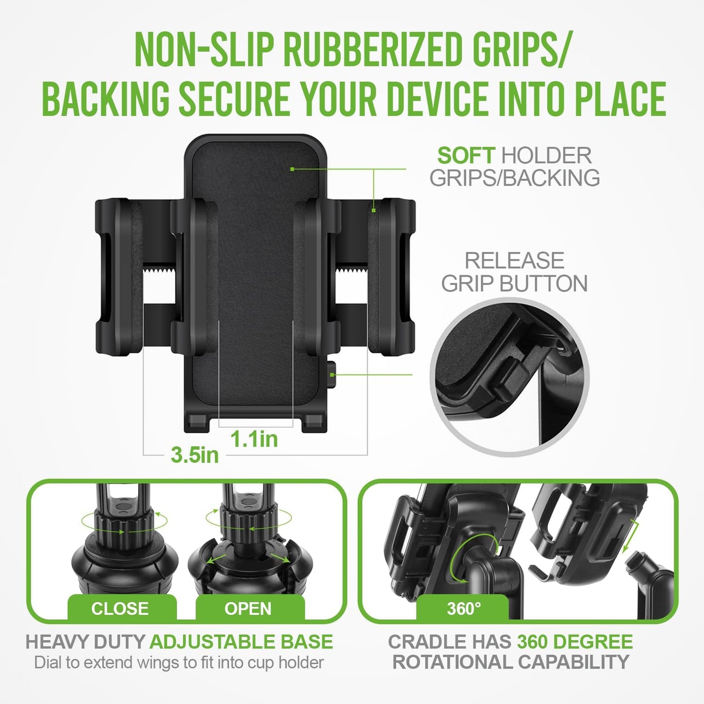 Cellet Cup Holder Tray for Car with Phone Mount – Expandable Base, 360° Rotation Food & Drink Tray with Non-Slip Surface, Adjustable Arm for Eating in Vehicle – Fits Most Standard Car Cup Holders
