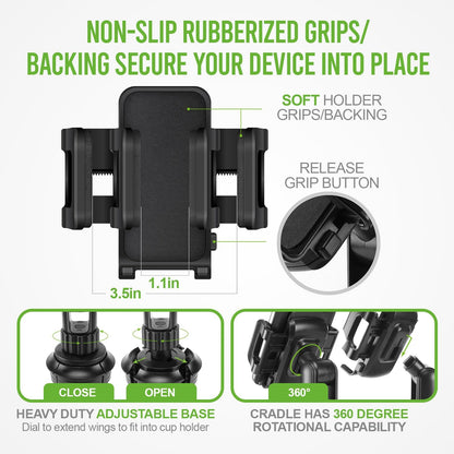Cellet Cup Holder Tray for Car with Phone Mount – Expandable Base, 360° Rotation Food & Drink Tray with Non-Slip Surface, Adjustable Arm for Eating in Vehicle – Fits Most Standard Car Cup Holders