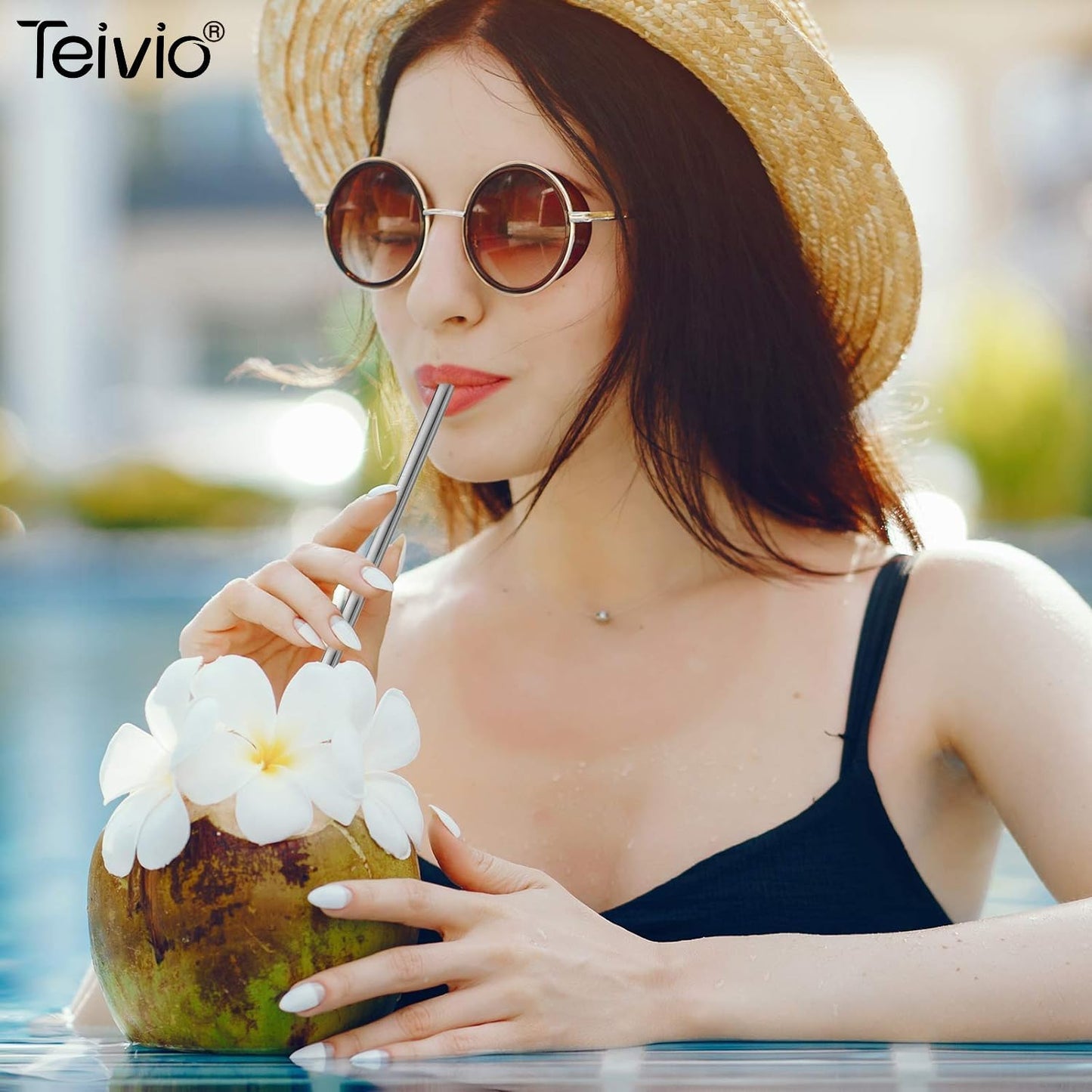 Teivio 8 Piece 5/16 inch (8mm) Wide Stainless Steel Straws for 40 oz Tumbler with Handle, 12 Inch Long Reusable Metal Drinking Straws, Replacement Straws with Silicone Tips & Cleaning Brush, Silver