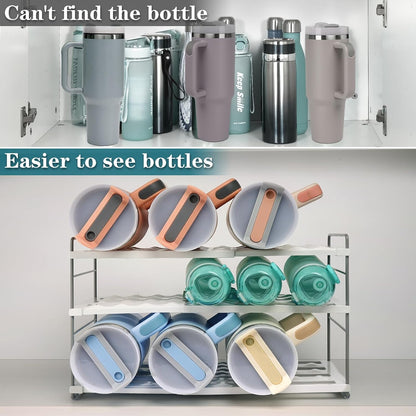 10.6-16.7" Adjustable Width Water Bottle Organizer for Cabinet, 3-Tier Expandable Water Bottle Holder Rack, Cup and Tumbler Storage for Kitchen Organization, Sports Flask, Insulated Travel Mug, Fridge