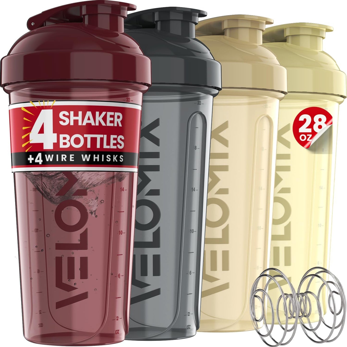 VELOMIX -4 Pack- 28 oz Protein Shaker Bottles for Protein Mixes - 4x Wire Whisk | Leak Proof Shaker Cups for Protein Shakes | Stackable Protein Shaker Bottle Pack (A1) Silver Aurora