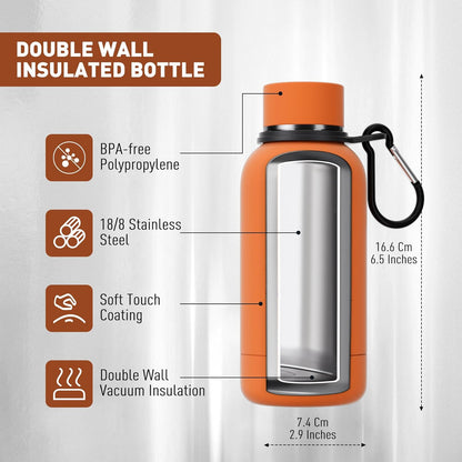 Exllena Slim Insulated Water Bottles for Travel 18oz with Clip, Double Wall Vacuum Stainless Steel Water Bottle Keeps Drinks Cold 24 Hrs/Hot 12 Hrs, 100% Leakproof, BPA Free(Black)