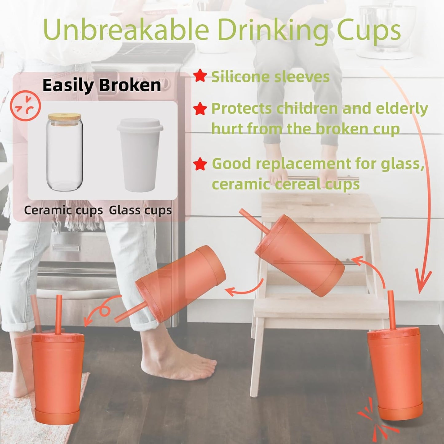 Homestockplus Reusable Wheat Straw Cups with Lids and Silicone Straws, 10 Oz Chip Resistant E-Co Friendly Small Water Cups for Milk, Drinks, Smoothies - 4 Colors