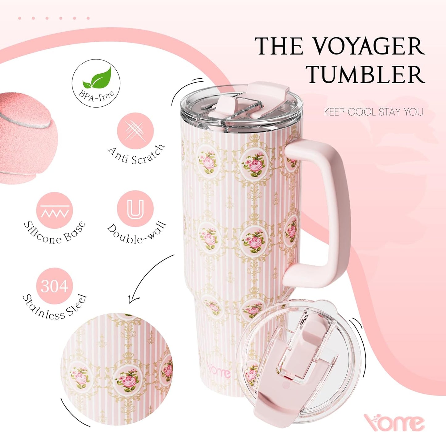 YOME 40oz Nurse Tumbler with Handle and Flip Straw | Stainless Steel Insulated Water Bottle | Keeps Drinks Cold | Dishwasher Safe | Cupholder Friendly | Gift Gym Travel Yoga
