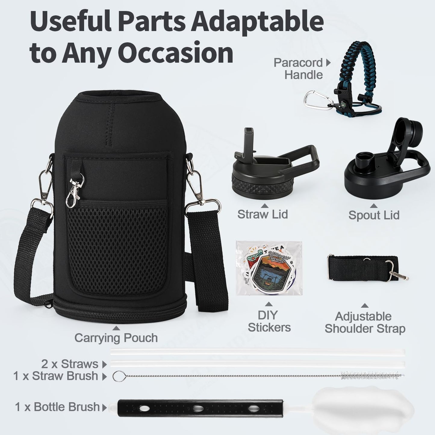 WixByti 40 oz Insulated Water Bottle with Straw (Cold for 36 Hrs), Stainless Steel Triple Wall Vacuum Sports Water Jug, Leakproof Hydro Cup Flask with Paracord Handle & Straw Spout Lids & DIY Stickers