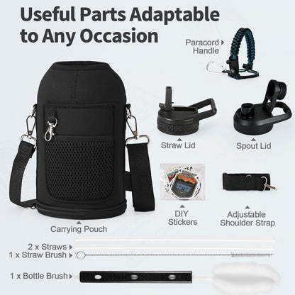 WixByti 40 oz Insulated Water Bottle with Straw (Cold for 36 Hrs), Stainless Steel Triple Wall Vacuum Sports Water Jug, Leakproof Hydro Cup Flask with Paracord Handle & Straw Spout Lids & DIY Stickers