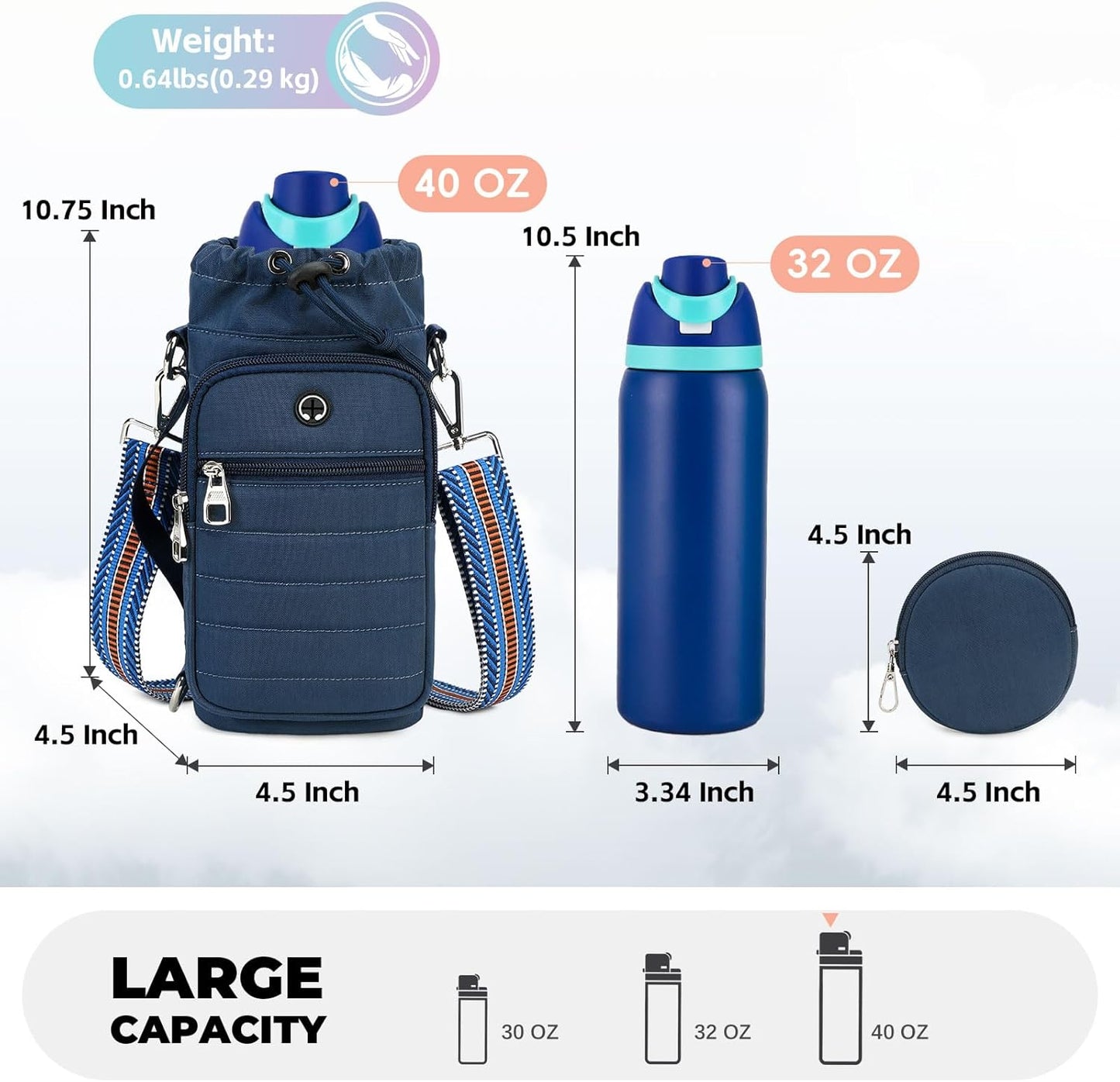 Water Bottle Carrier Bag with Strap, Sling Bag for Walking, Hiking, Cycling, Black, 40 Ounces