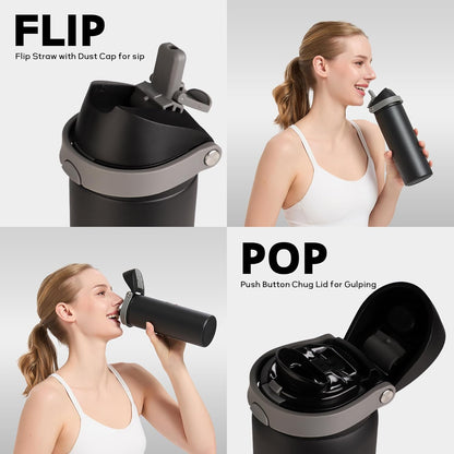 24 oz Stainless Steel Water Bottle with 2-in-1 Quick Flip Straw and Push Button Spout Lid, Fits Car Cupholder, Triple Walled Vacuum Insulated Metal Leakproof, for Gym, Hiking, Trip, Black