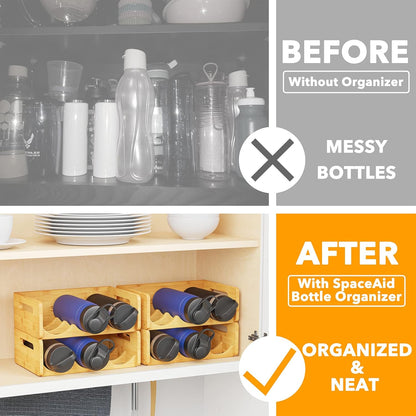 SpaceAid Bamboo Water Bottle Organizer with Labels for Kitchen and Pantry, Storage Rack for Cabinets, Home Cup and Wine Bottle Holder Shelf Organizers, 2 Pack 3-Slot, Hold 6 Bottles