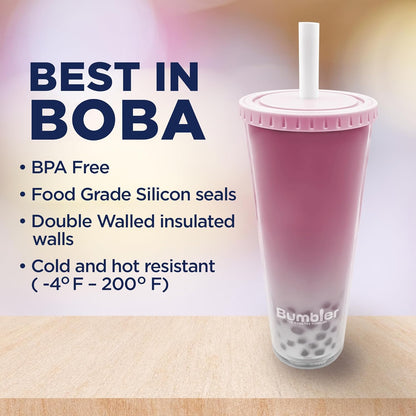 Bumbler Original Boba Tea Cup - 24oz Double-Walled Plastic Reusable Tumbler with Extra Wide Straw & Leak-Proof Lid - BPA-Free Smoothie & Iced Coffee Travel Mug - Blush Pink