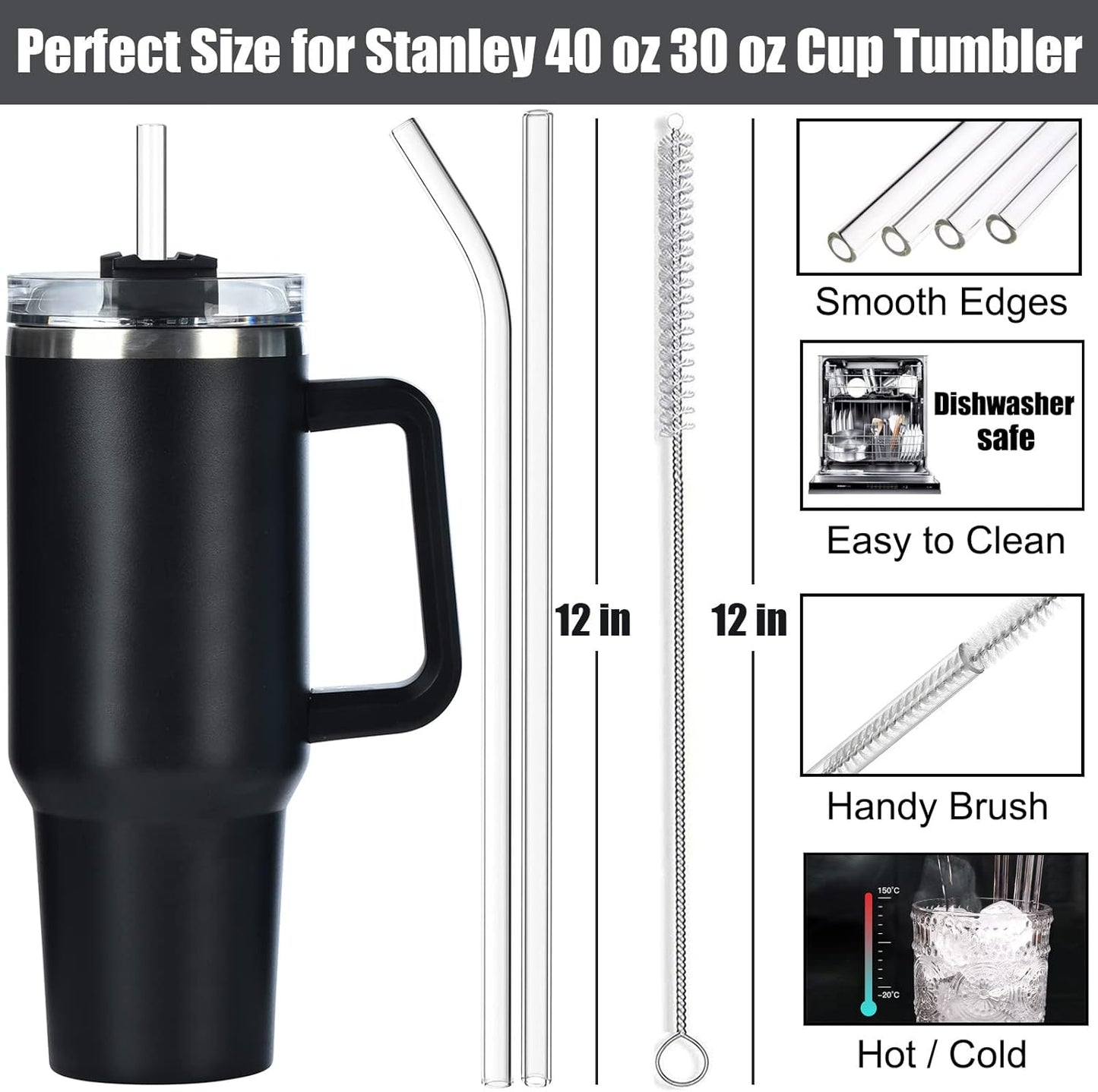 ALINK 8 Pack Replacement Glass Straws for Stanley 40 oz 30 oz Tumbler, 12 in Long Reusable Clear Straws for Stanley Cup Accessories, Half Gallon Bottle, Plus 2 Cleaning Brush