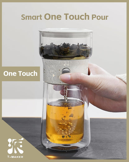 ZENS Modern Glass Infuser Teapot, One Touch Tea Maker for Loose Leaf Tea with Insulated Mug and Portable Case. Enchanted Pot Alternatives for Tea Lover Gifts