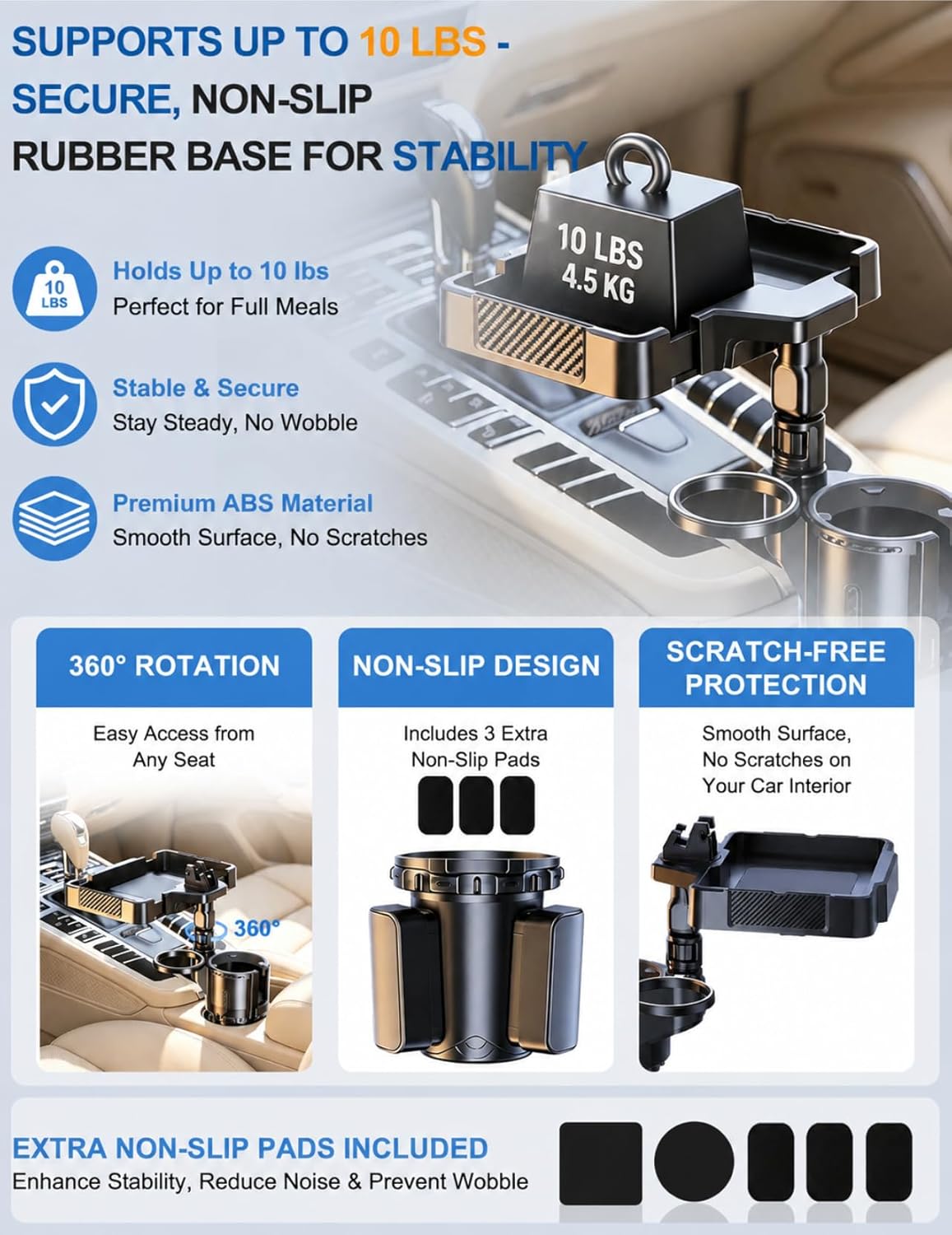 Car Cup Holder Tray, 10 Inch 4-in-1 Cup Holder Tray, 360° Rotating Drink Holder Expander with Detachable Food Tray & Phone Holder, Road Trip Essentials
