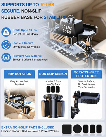 Car Cup Holder Tray, 10 Inch 4-in-1 Cup Holder Tray, 360° Rotating Drink Holder Expander with Detachable Food Tray & Phone Holder, Road Trip Essentials