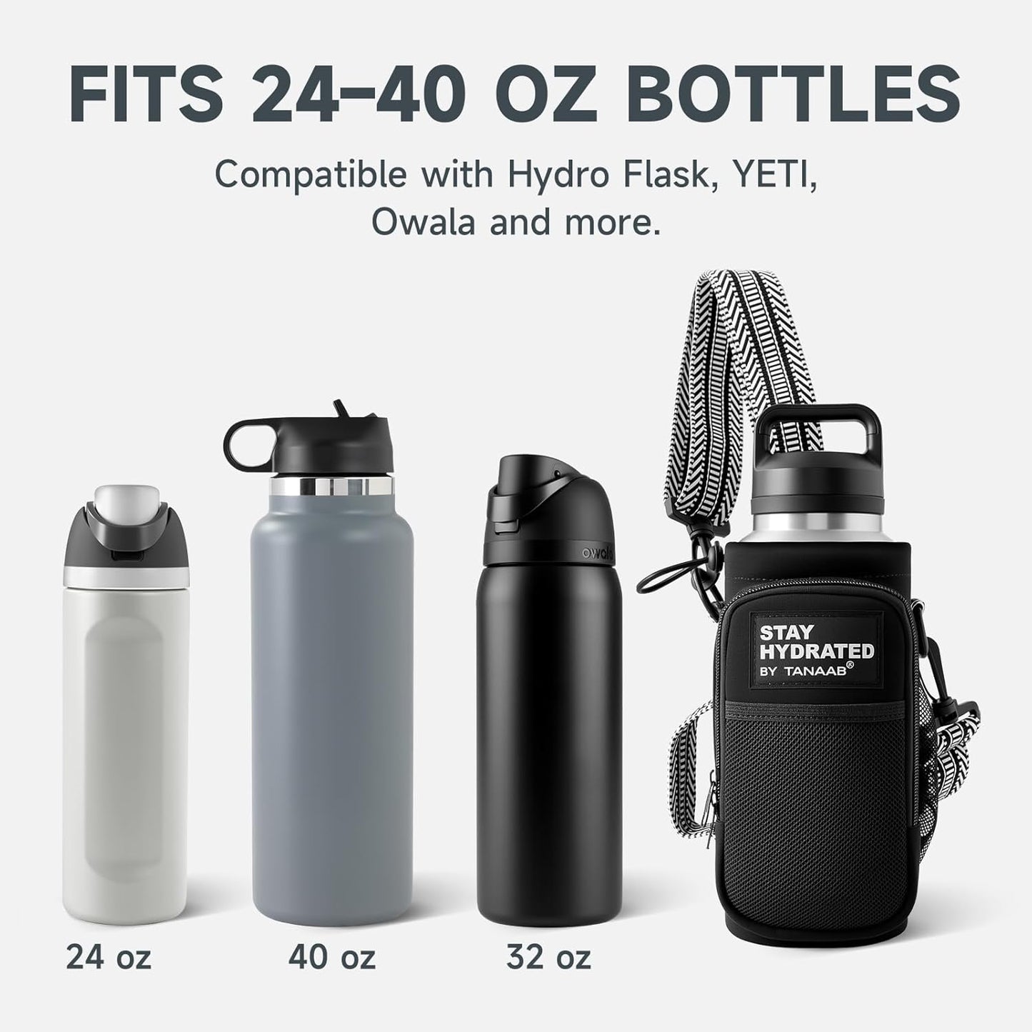 Water Bottle Holder with Strap, Neoprene Crossbody Carrier, Phone Pocket, 1.46" Wide Strap, Fits 24-40oz