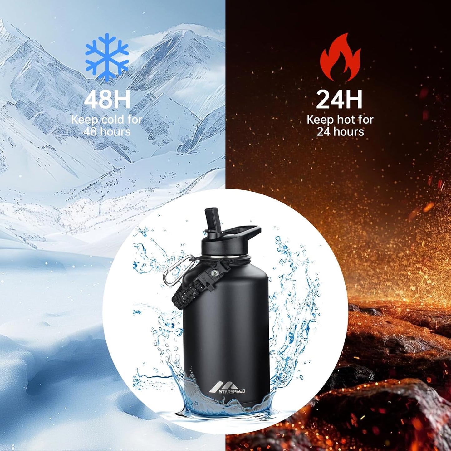 StarSpeed 32oz Insulated Water Bottle with Straw Lid, Stainless Steel Double Walled Vacuum Water Flask, Wide Mouth Sports Water Bottle for Gym Camping Hiking, Indigo Black