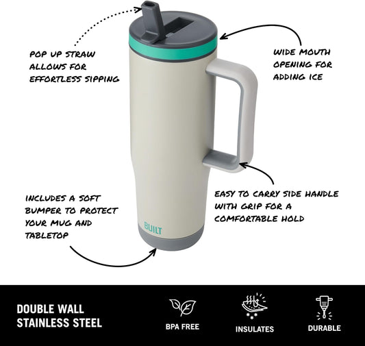 Built 40 oz Cascade Flip Straw Tumbler, Double Wall Insulated Bottle, Gym & Sport Bottles - Stainless Steel & Straw Lid, Leak-Proof, Soft Bumper Base, Portable BPA-Free (Lavender)