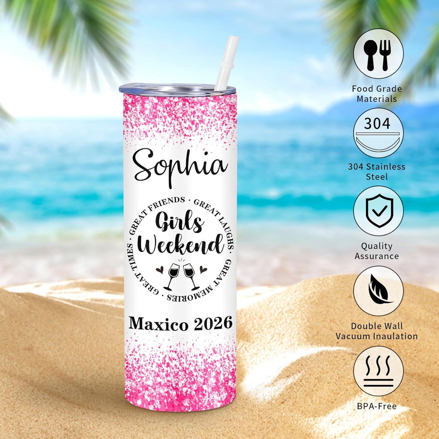 Girl Trip Gifts for Women, Personalized Girls Trip Tumblers with Name Text, Custom Beach Tumbler, Road Trips Vacation Cruise Cup with Lid and Straw, Bachelorette Party Girl Weekend Gift For Friend