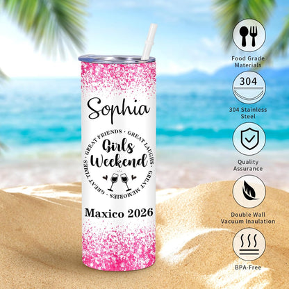 Girl Trip Gifts for Women, Personalized Girls Trip Tumblers with Name Text, Custom Beach Tumbler, Road Trips Vacation Cruise Cup with Lid and Straw, Bachelorette Party Girl Weekend Gift For Friend