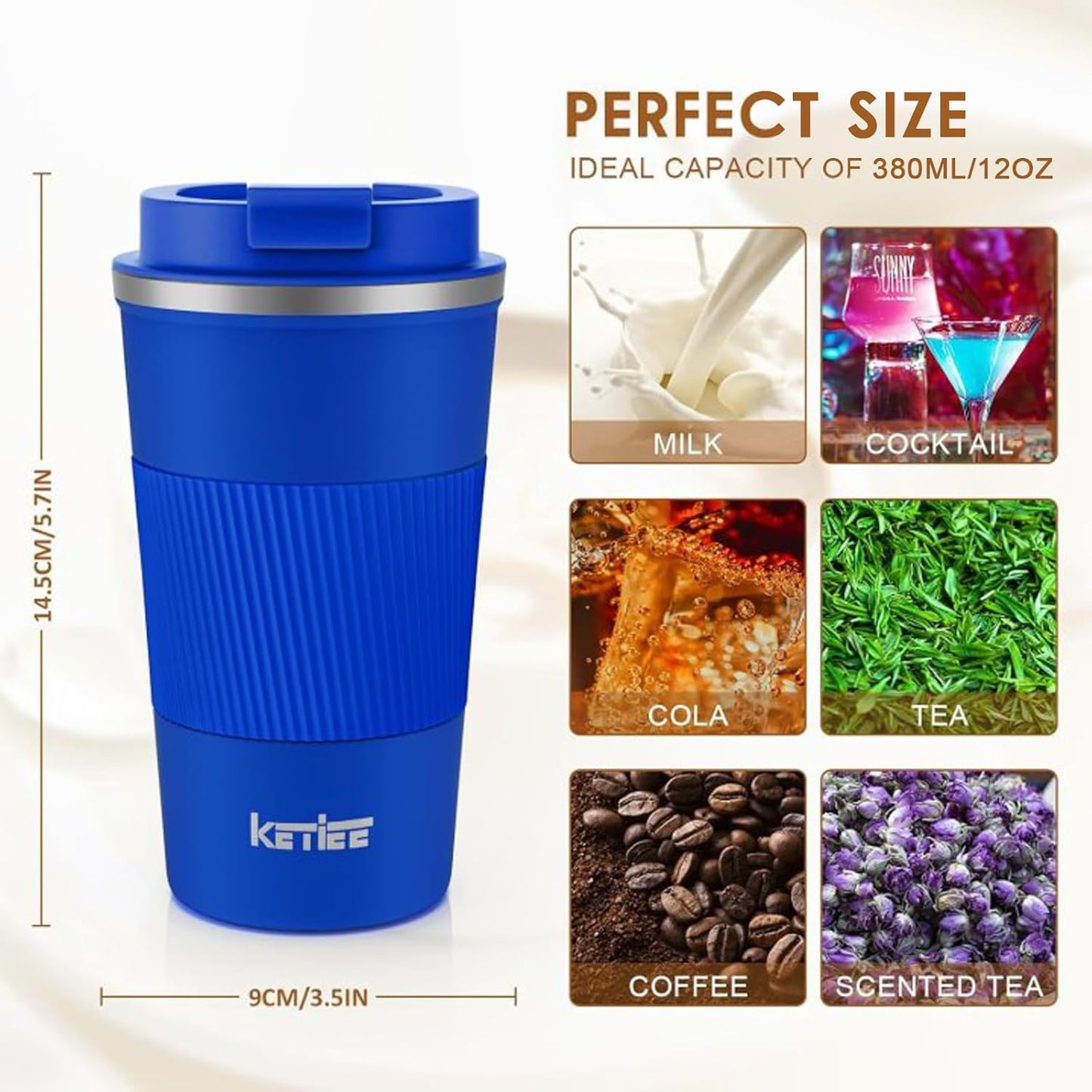 KETIEE Travel Coffee Mug Spill Proof 12oz, Insulated Travel Mug to Go, Reusable Coffee Cup with Seal Lid, Vacuum Stainless Steel Tumbler for Hot/Cold Drinks (Red)