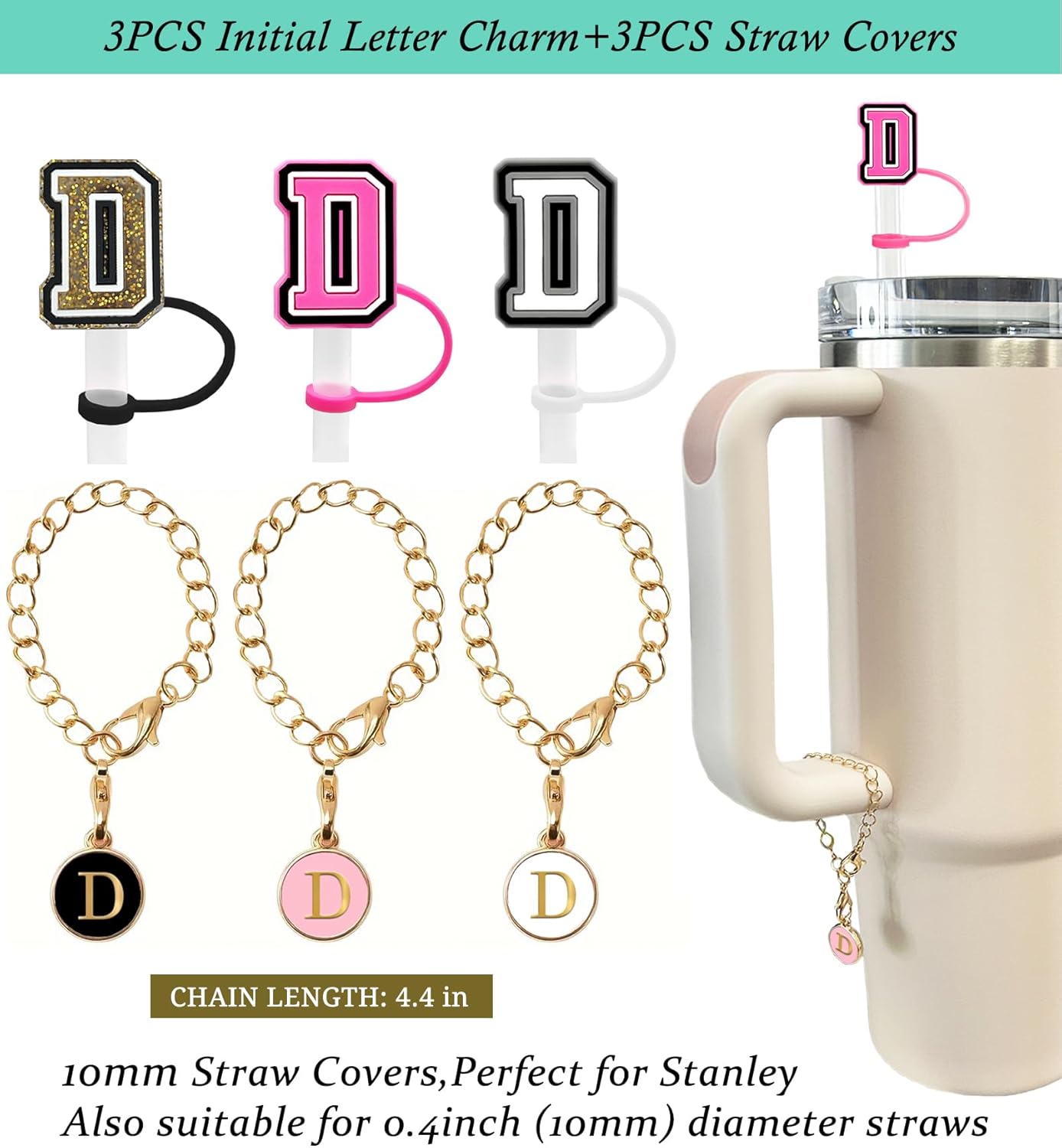 （3 +3) 3PCS Nuozme Straw Cover 10mm For Stanley Tumbler Cup Reusable Straw Cap Topper with 3 Initial Letter Charms Accessories Name ID Personalized Handle Charm For Stanley 30&40 Oz Cup Tumbler - Colors A