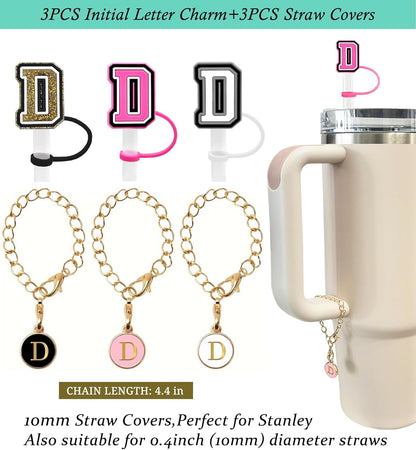 （3 +3) 3PCS Nuozme Straw Cover 10mm For Stanley Tumbler Cup Reusable Straw Cap Topper with 3 Initial Letter Charms Accessories Name ID Personalized Handle Charm For Stanley 30&40 Oz Cup Tumbler - Colors A