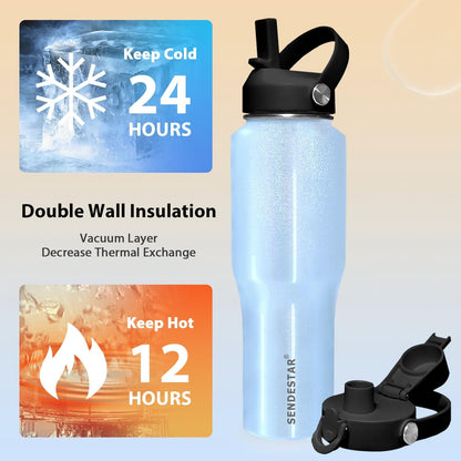 SENDESTAR 40oz Water Bottle Wide Mouth Stainless Steel Vacuum Insulated Double Wall with Straw Lids Fit in Any Car Cup Holder