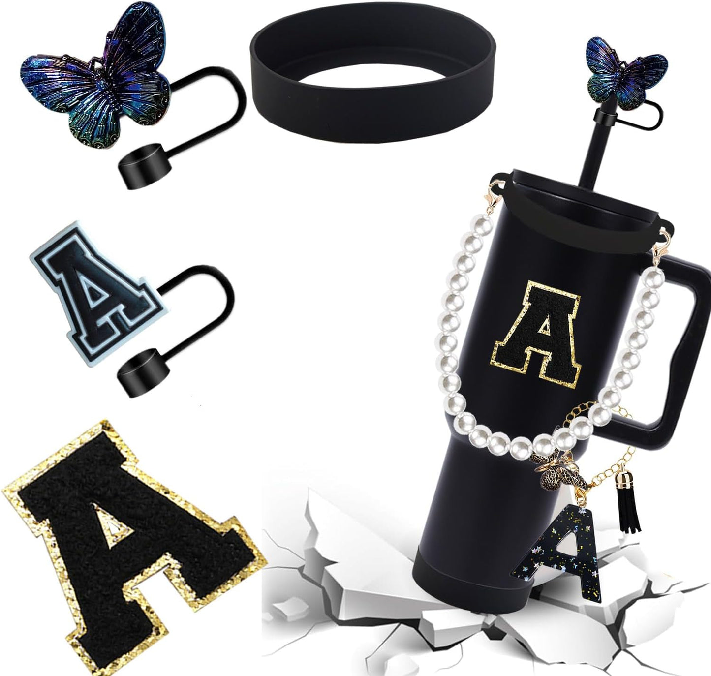 7pcs Cup Accessories for Stanley 30/40oz Tumbler, Handle Strap, Straw Cover, Silicone Boot, Letter Charm Stickers
