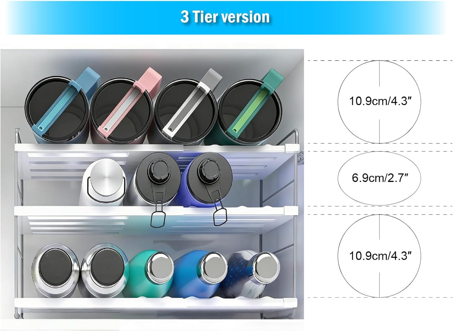YAN & HIN Expandable Water Bottle Organizer for Cabinet, 3 Tier Tumbler Organizer, Adjustable Bottle Holder, Kitchen Pantry Storage Rack