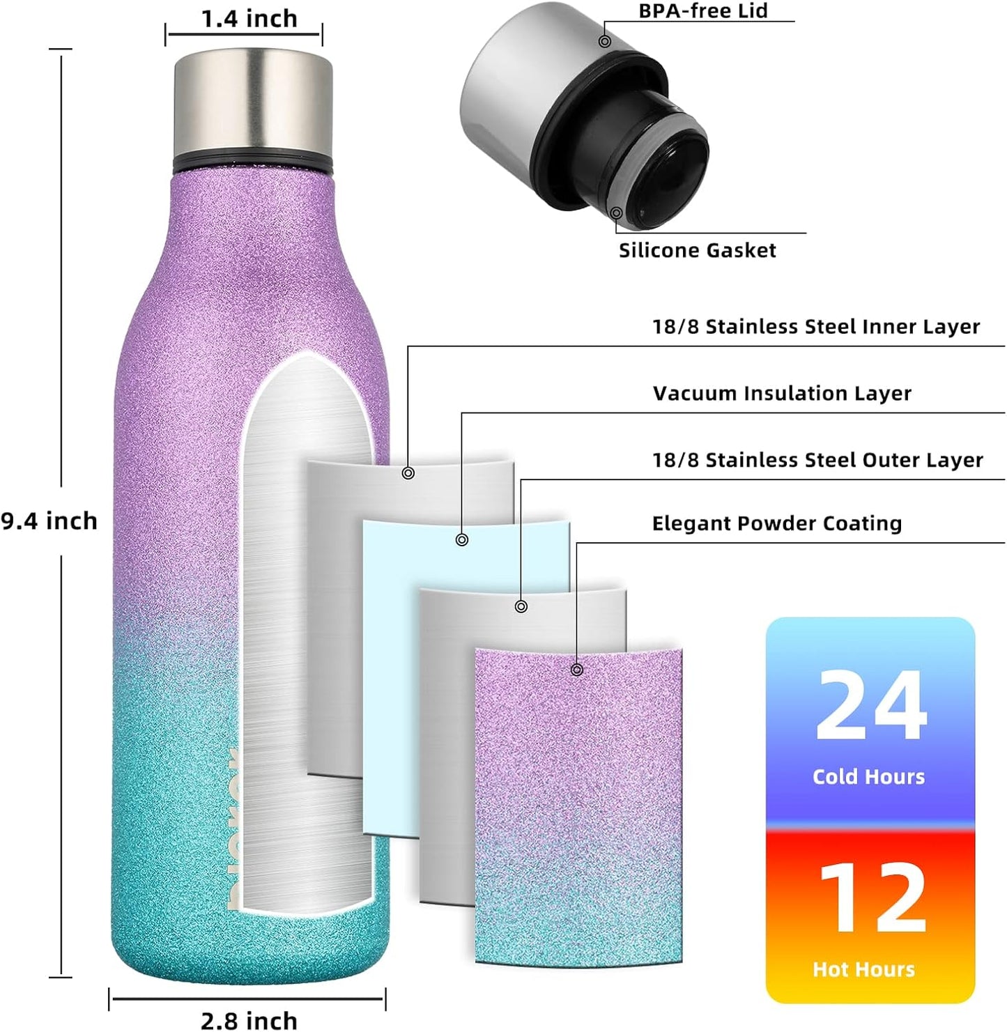 BJPKPK Insulated Water Bottles, 18 oz Stainless Steel Metal Water Bottle with Strap, BPA Free Leak Proof Jugs, Mugs, Flasks, Reusable Thermal Flasks for Sports & Travel, Black - Colors A