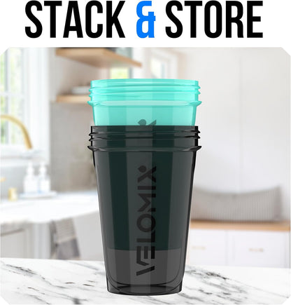 VELOMIX -2 Pack- 20 oz Protein Shaker Bottles for Protein Mixes - 2x Wire Whisk | Leak Proof Shaker Cups for Protein Shakes and Pre Workout | Protein Shaker Bottle Pack (Black/Transparent)