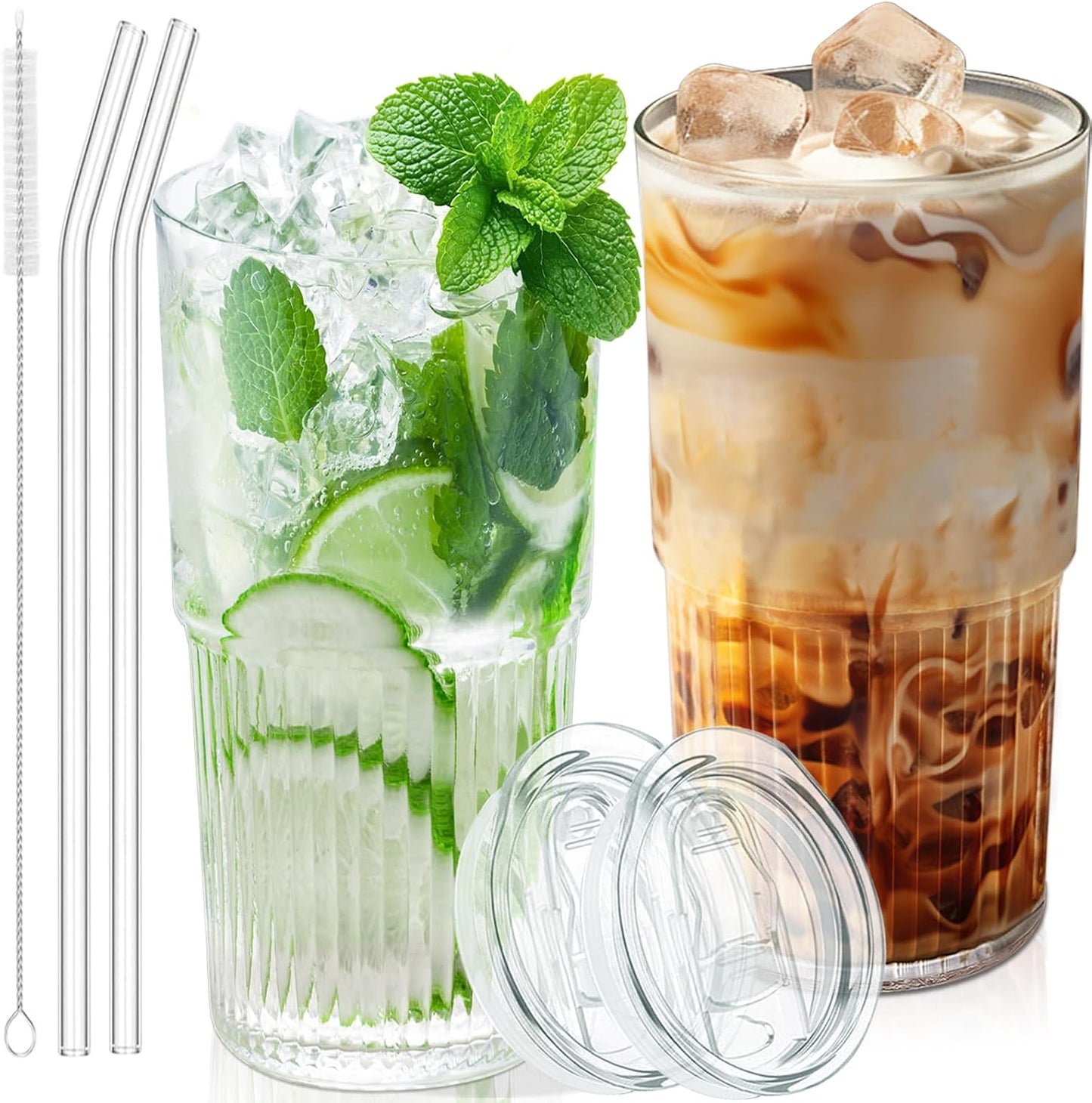 Luiaiog 20 oz Glass Cups with Lids and Straws – Single Reusable Tumbler, Thickened Shatter-Resistant Glass, Ideal for Iced Coffee, Smoothies, Cocktails, Juices – Elegant & Durable Drinkware
