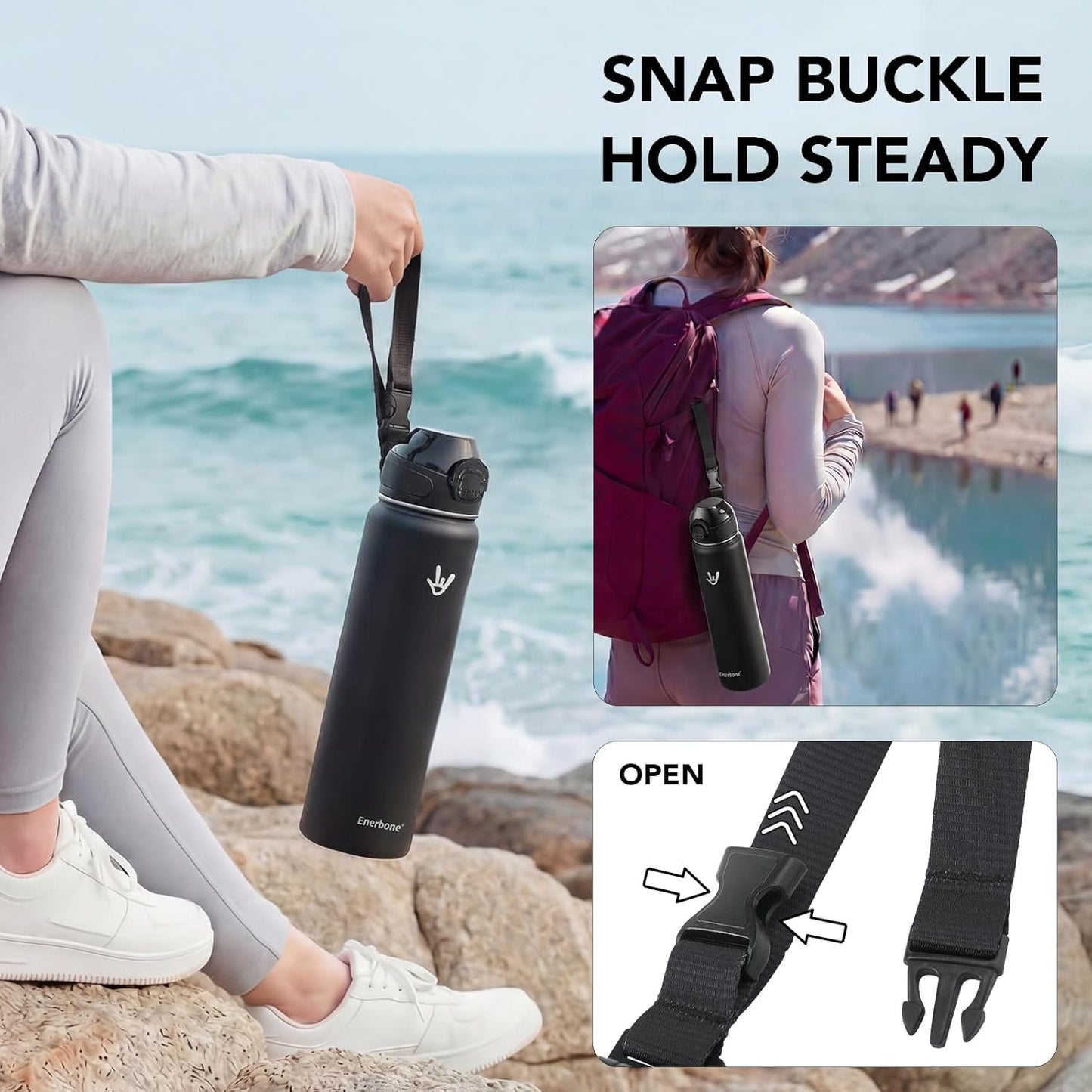 Enerbone 24 oz Insulated Water Bottle, Stainless Steel Bottle with Carrying Strap, Double-Wall Vacuum Insulation Design, Leakproof Sports Bottle with Straw, Keep Drinks Cold or Hot for Hours