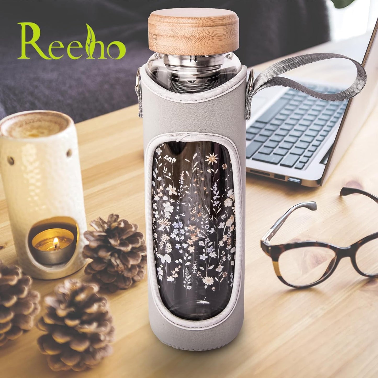 32oz Borosilicate Glass Water Bottle with Tea Infuser, Tea Tumbler with Strainer, Reusable Travel Mug with Sleeve & 2 Lids, Glass Drinking Bottle for Hot or Cold Drinks