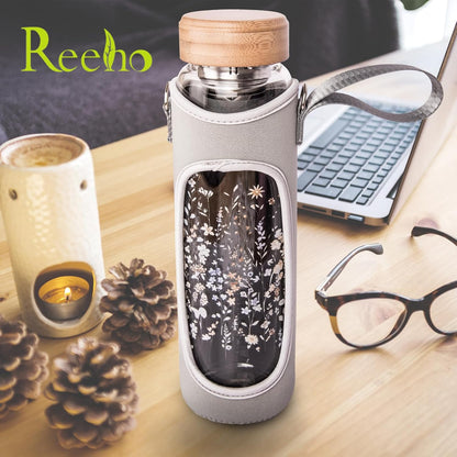 32oz Borosilicate Glass Water Bottle with Tea Infuser, Tea Tumbler with Strainer, Reusable Travel Mug with Sleeve & 2 Lids, Glass Drinking Bottle for Hot or Cold Drinks