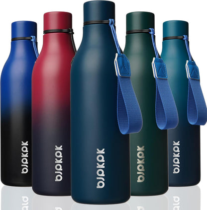 BJPKPK Insulated Water Bottles, 18 oz Stainless Steel Metal Water Bottle with Strap, BPA Free Leak Proof Jugs, Mugs, Flasks, Reusable Thermal Flasks for Sports & Travel, Black - Colors A