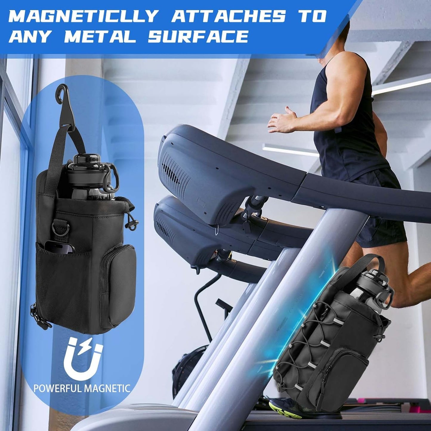 JACZZO Magnetic Gym Bag for Men and Women, Magnetic Water Bottle Holder for Gym, Small Gym Bag, Gym Gifts for Women and Men (Black, <40 OZ)