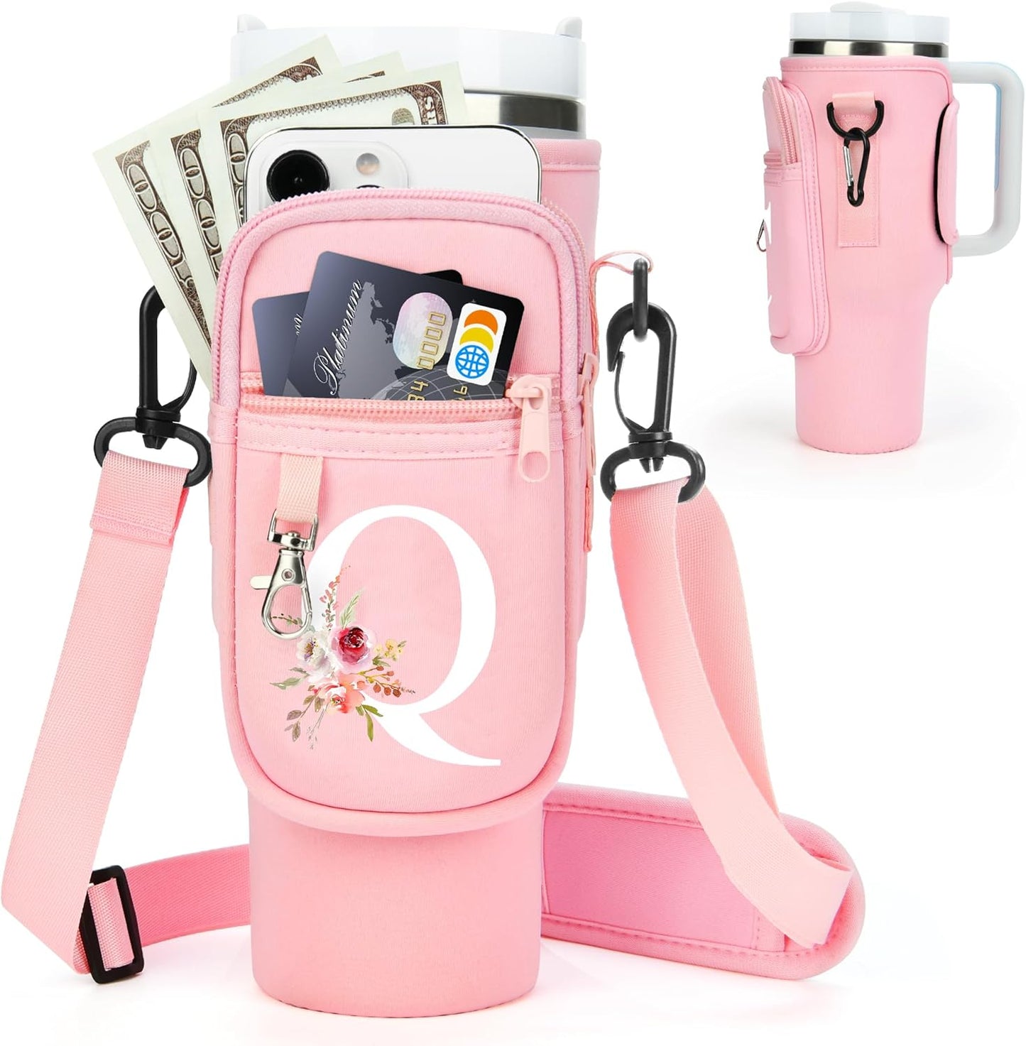 Initial Water Bottle Holder with Strap for Stanley Cup Accessories 40 oz/Simple Modern Tumbler, Birthdays for Women Girls, Water Bottle Carrier Bag with Phone Pocket,Hiking Walking Gym Camping