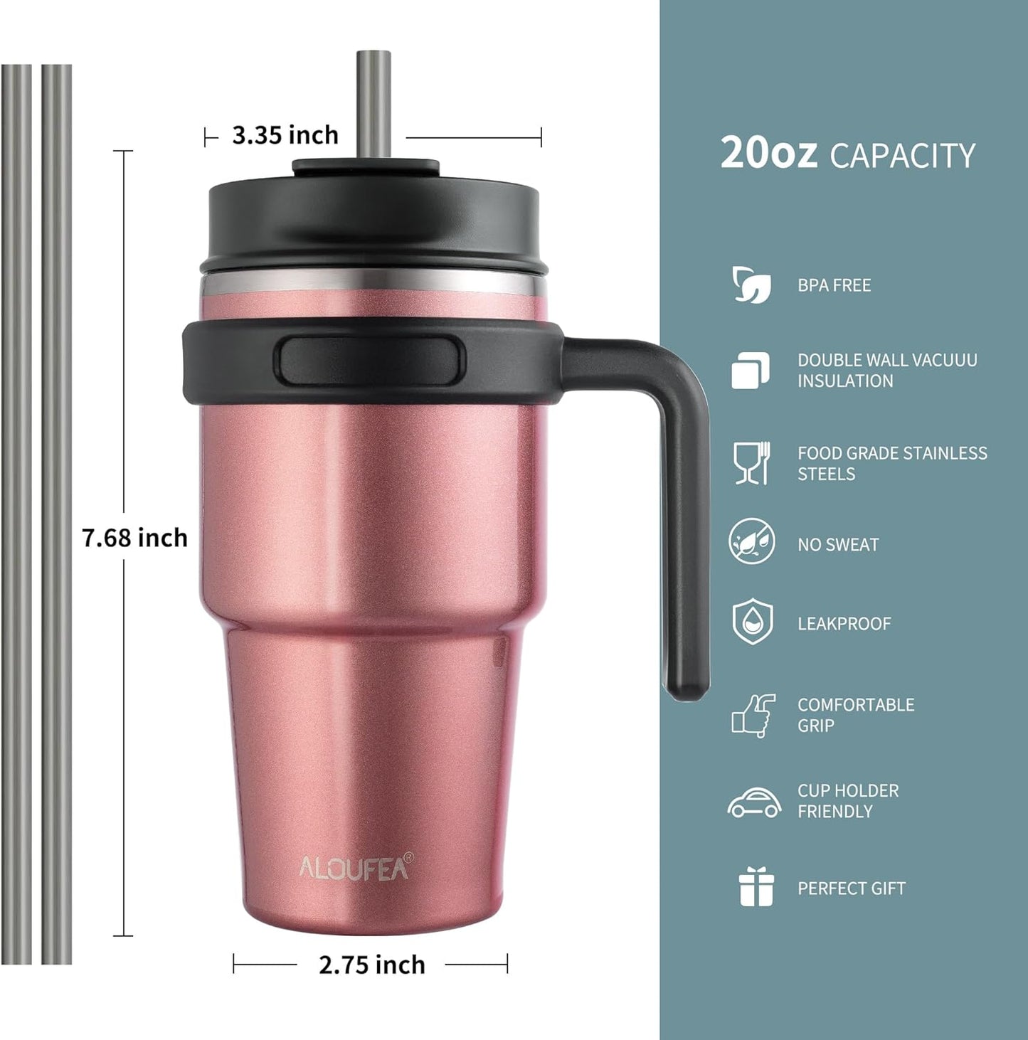 20 oz Insulated Coffee Mug Tumbler with Handle, Stainless Steel Travel Mug Tumbler with Lid and Straw,Double Wall Vacuum Leak Proof Ice Coffee Thermal Cup, Black
