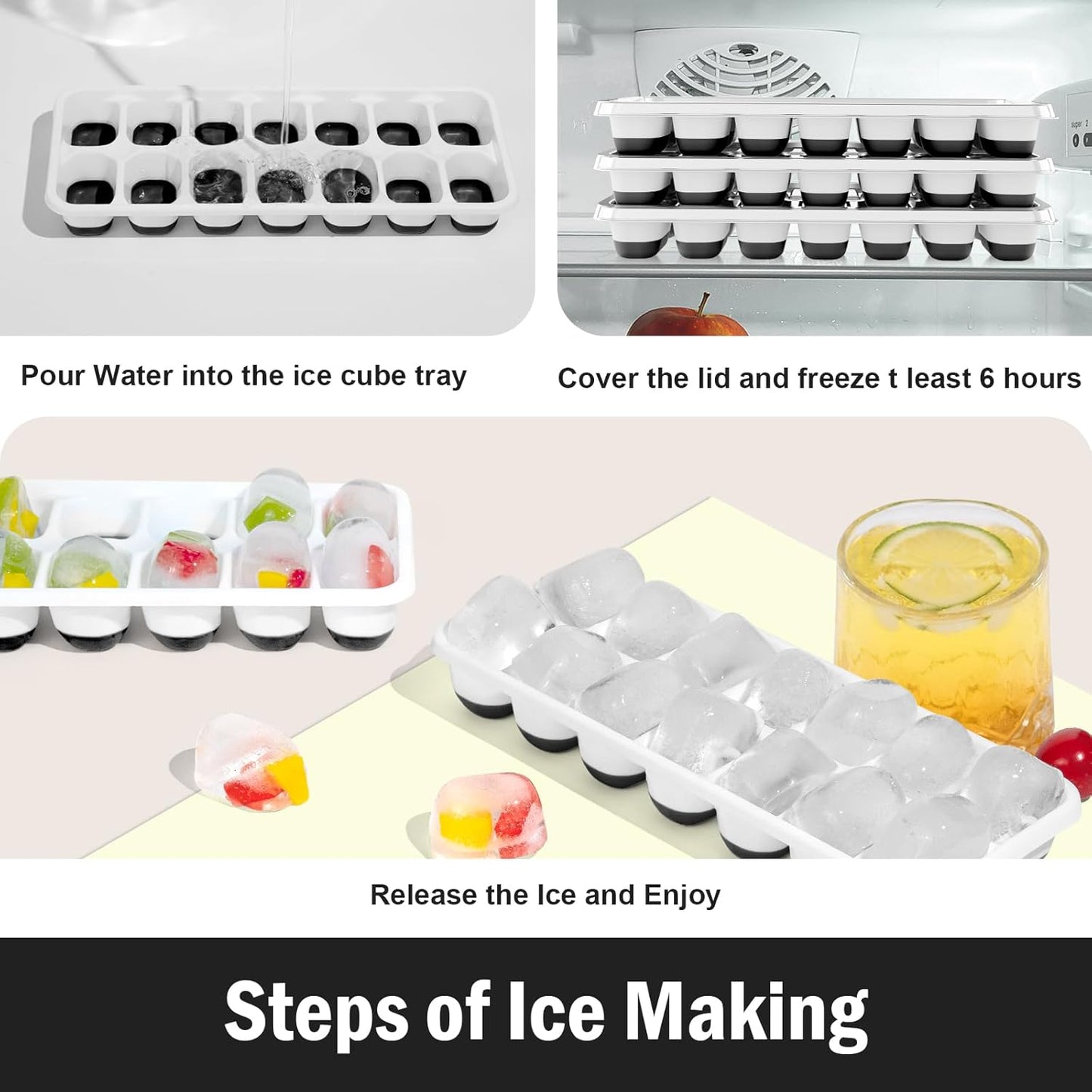 3 Pack Ice Cube Trays with Lid for Freezer, Flexible Silicone Bottom for Easy Release, Stackable Space-Saving Ice Molds, 1.2" Cubes Color-Coded (2 Green 1 Blue) for Juice, Coffee & Cocktails, BPA Free