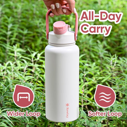 KEWIXY 32 oz Insulated Water Bottle, 2-in-1 Lid, Straw & Spout with Protected, Leak Proof, Keep Cold, Stainless Steel, Metal, Reusable, Handle, for Outdoor, Gym and School, 2 Lids, Blush Pink
