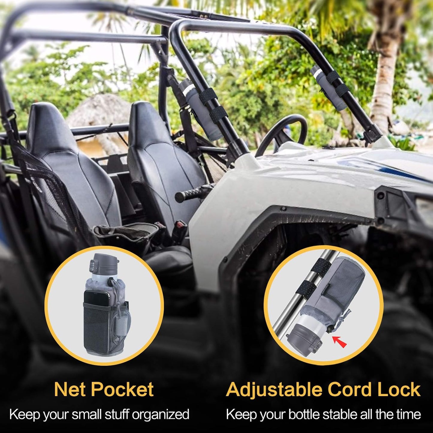 GEARV 2Pack Cup Holder for Bike, Scooter and Wheelchair, Water Bottle Holder for UTV/ATV, Walker, Golf Cart and Beach, Universal Drink Holder Accessories with Net Pocket and Cord Lock (Black)