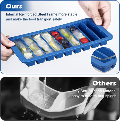 Koluti Nonstick Silicone 9 Ice Cubes Freezer Tray with Plastic Lid, 2-Pack Water Bottle Long Narrow Stick Ice Cube Mold Maker, Ideal for Sport Bottles, Cocktail and Whisky, Dishwasher Safe & BPA Free
