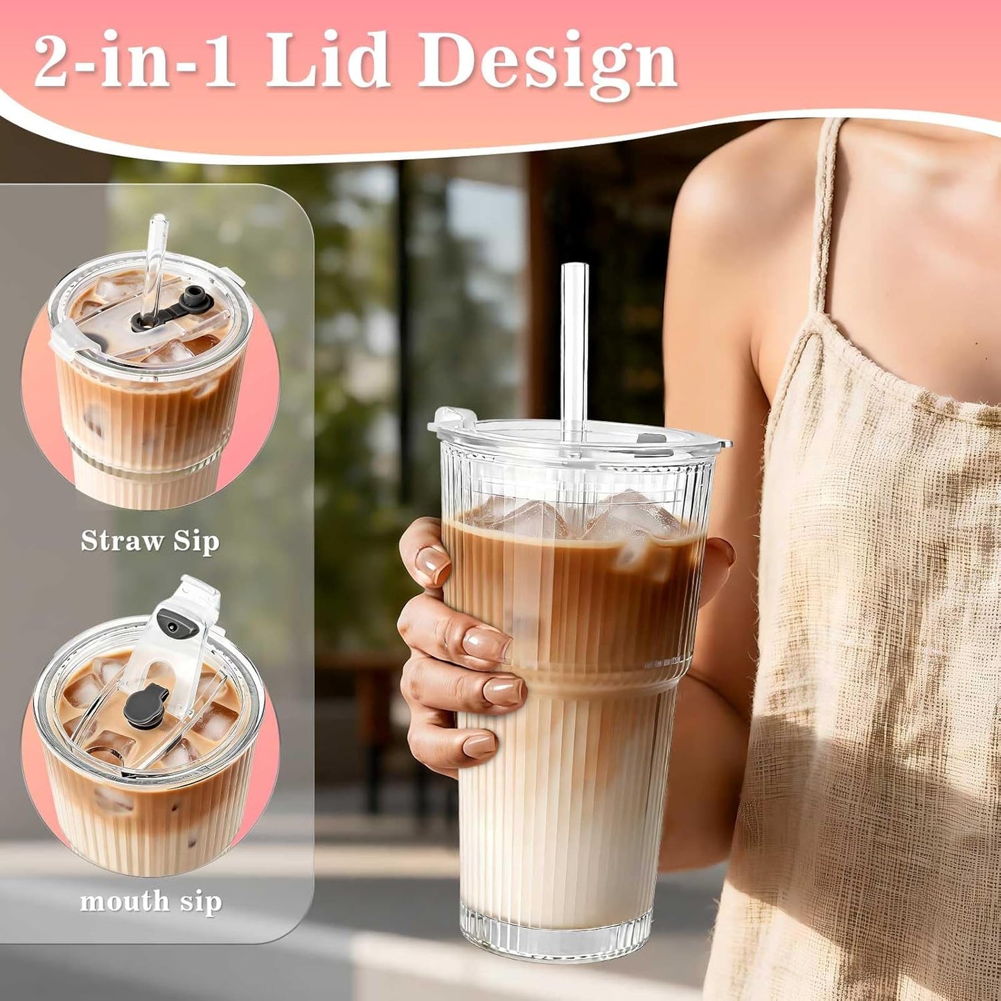 Clear Iced Coffee Cups with Lids - 4 Pack, 20oz Reusable Glass Cups with Lids and Straws, Drinking Tumblers for Cocktail Beer, Juice, Smoothie, Coffee Bar, Housewarming Gifts - Dishwasher Safe