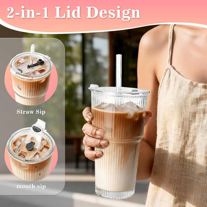 Clear Iced Coffee Cups with Lids - 4 Pack, 20oz Reusable Glass Cups with Lids and Straws, Drinking Tumblers for Cocktail Beer, Juice, Smoothie, Coffee Bar, Housewarming Gifts - Dishwasher Safe