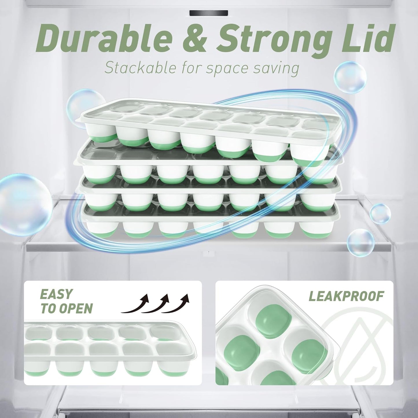 ChefAide 4‑Pack Ice Cube Trays with Lids, 56‑Cube Total Stackable Freezer Ice Trays, Durable Silicone & Plastic Easy‑Release Ice Molds for Cocktails, Coffee & Drinks