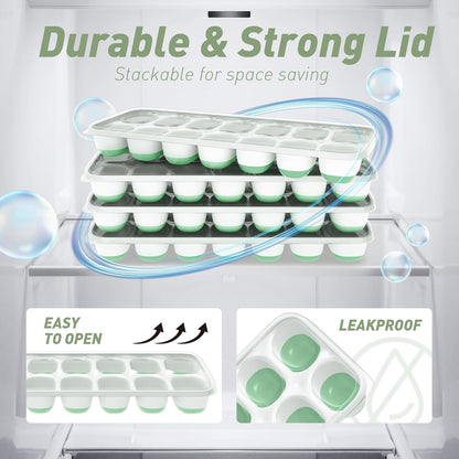 ChefAide 4‑Pack Ice Cube Trays with Lids, 56‑Cube Total Stackable Freezer Ice Trays, Durable Silicone & Plastic Easy‑Release Ice Molds for Cocktails, Coffee & Drinks