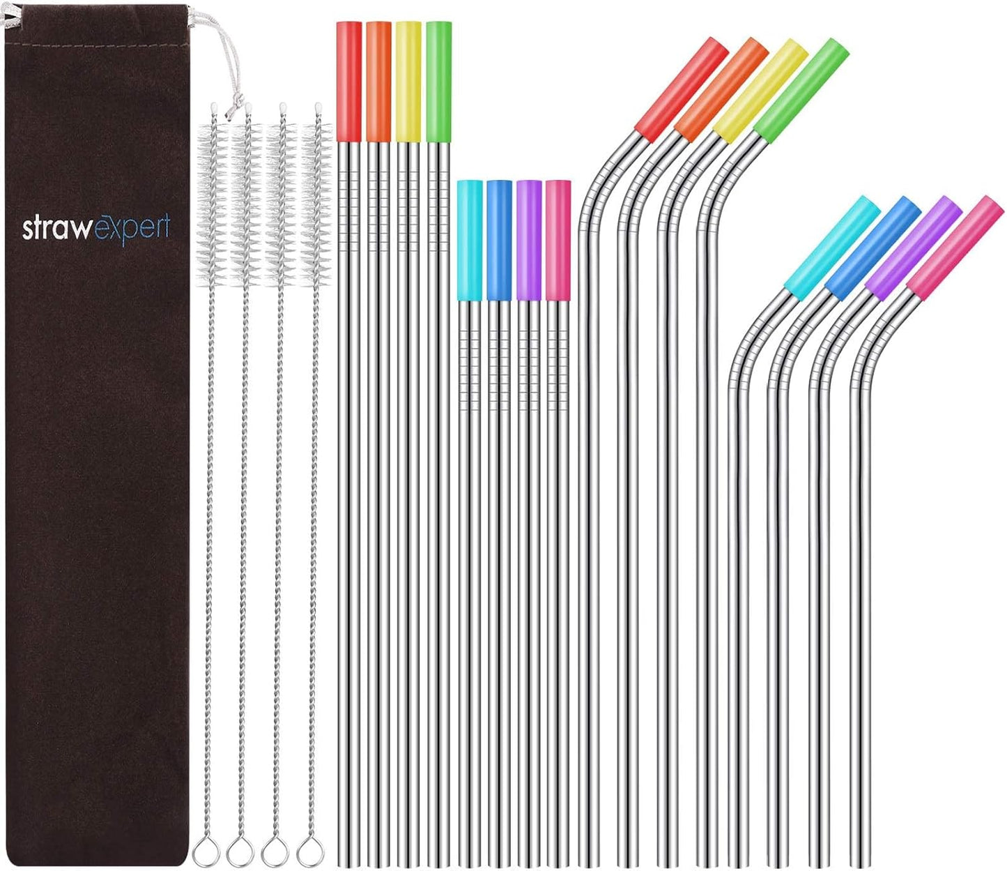 StrawExpert Set of 16 Reusable Stainless Steel Straws with Travel Case Cleaning Brush Silicone Tips Eco Friendly Extra Long Metal Straws Drinking for 20 24 30 oz Tumbler, Silver